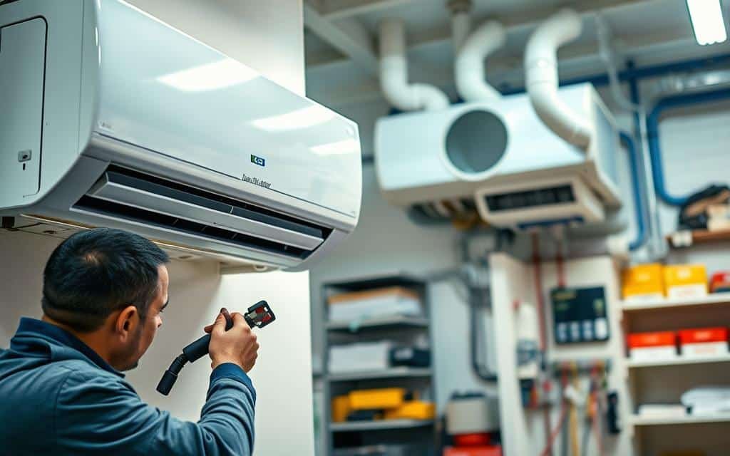 فني تكييف يقوم بفحص مكيف سبليت داخل منزل في القصور