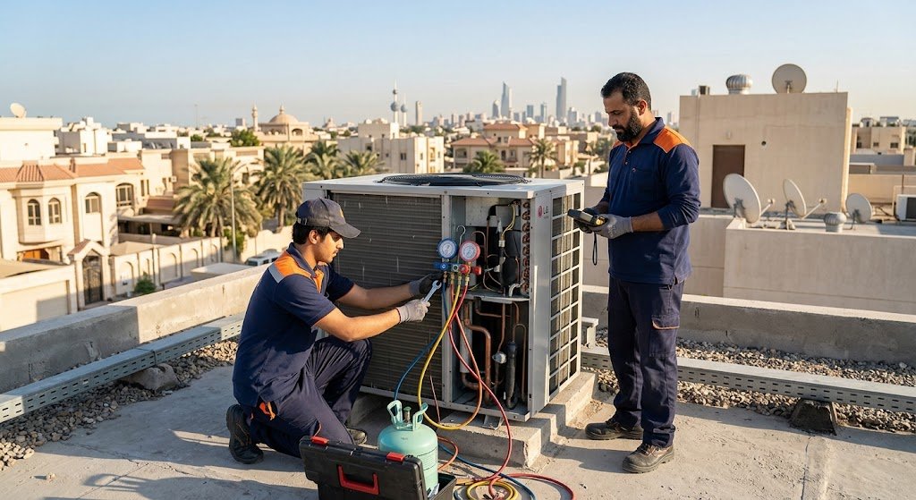 فني تكييف هندي محترف يقوم بفحص وصيانة وإصلاح وحدات التبريد بدقة باستخدام أدوات متطورة ضمن أعمال تصليح وحدات تكييف هندي بالكويت 24 ساعة لضمان استعادة كفاءة التبريد المثالية في أسرع وقت