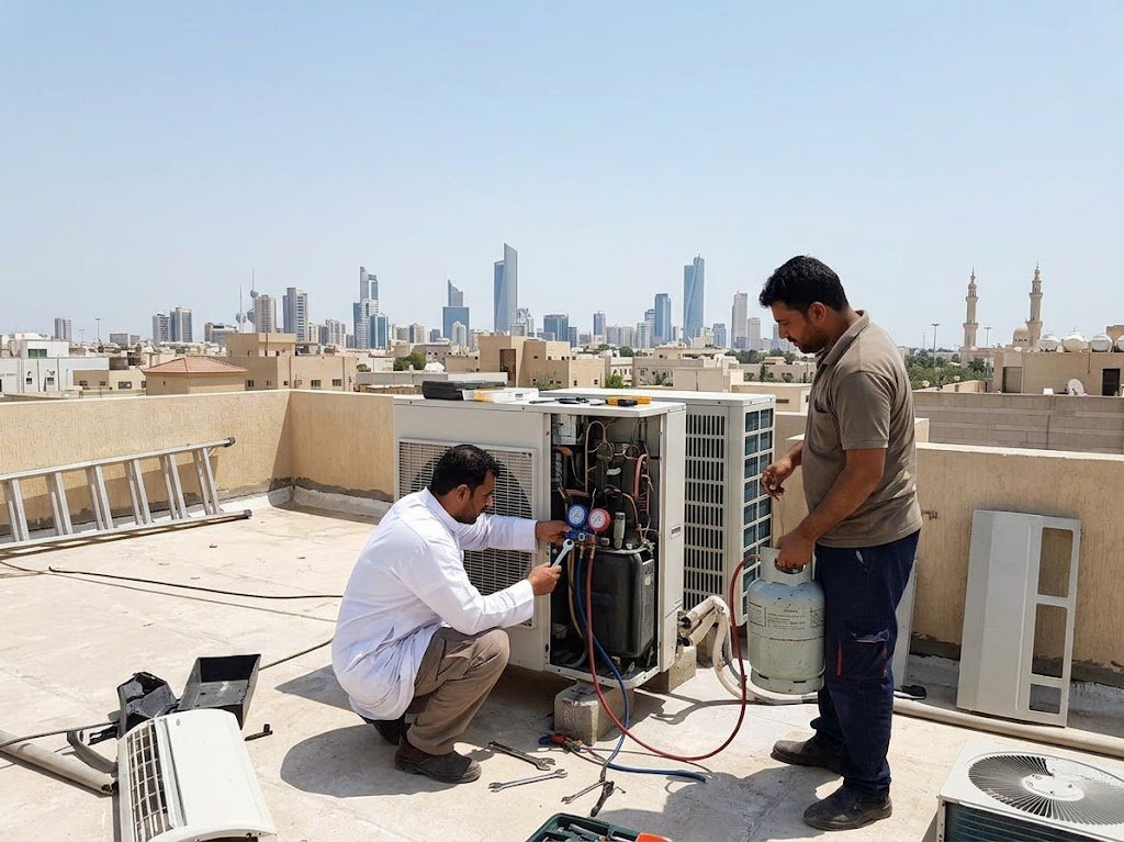 فني تكييف محترف يقوم بصيانة وفحص وحدة تكييف مركزي على سطح إحدى الفلل في منطقة أبو فطيرة بالكويت لضمان التبريد المثالي