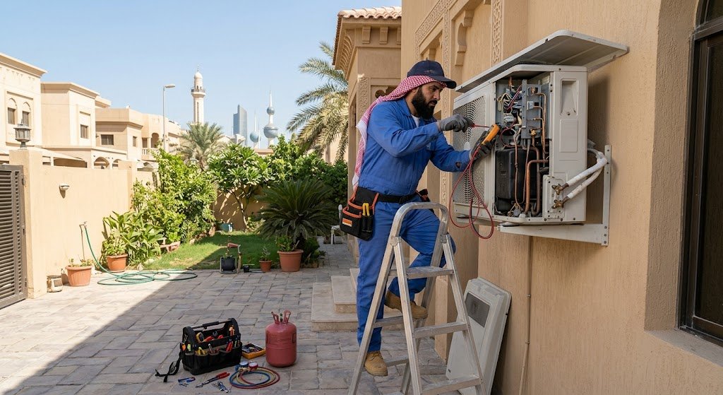 فني متخصص وذو خبرة يقوم بفحص وصيانة وحدات التكييف المركزي والمكيفات المنفصلة باستخدام أحدث المعدات والأدوات ضمن أعمال فنى تصليح تكييف بالكويت لضمان استعادة كفاءة التبريد المثالية