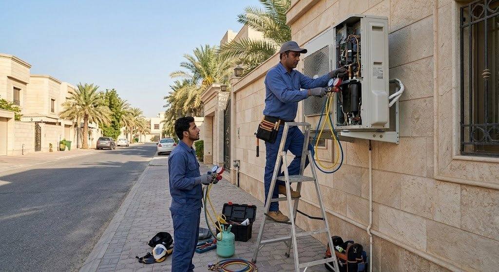 فني تكييف محترف يقوم بصيانة وإصلاح المكيفات بعناية ضمن خدمات تصليح تكييف خيطان بالكويت لضمان تبريد مثالي وكفاءة تشغيل عالية.
