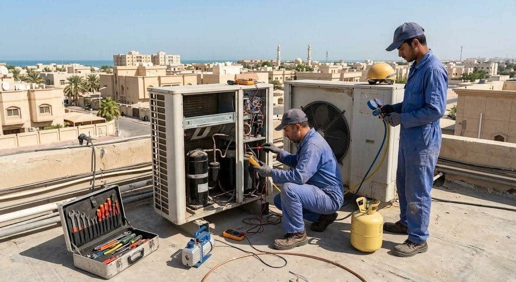 فني تكييف محترف يقوم بصيانة وإصلاح المكيفات بعناية ضمن خدمات تصليح تكييف الخيران بالكويت لضمان تبريد مثالي وكفاءة تشغيل عالية.