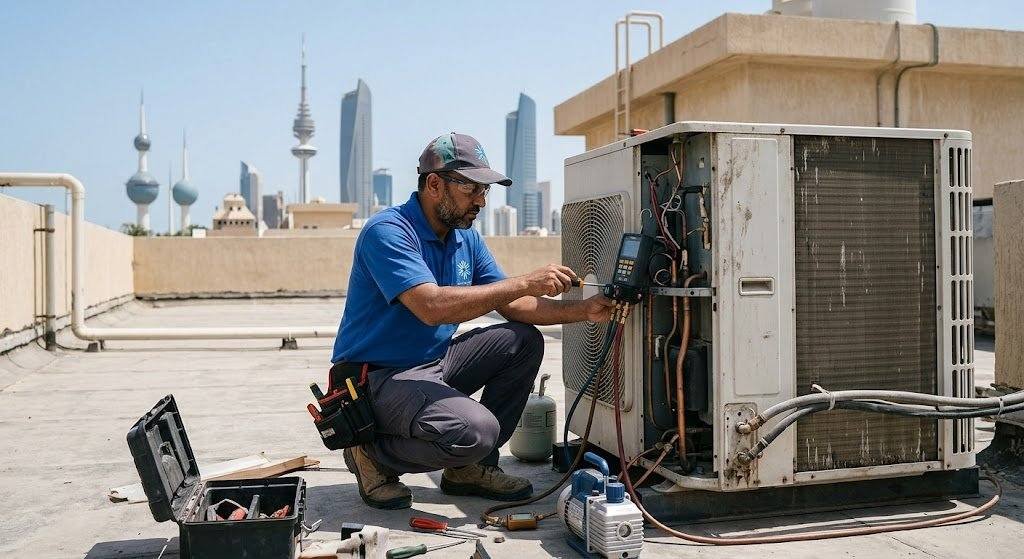 فني تكييف محترف يقوم بصيانة وإصلاح المكيفات بعناية ضمن خدمات فني تكييف الرميثية بالكويت لضمان تبريد مثالي وكفاءة تشغيل عالية.