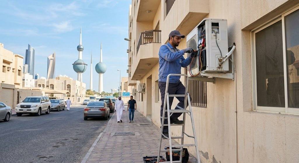 فني تكييف محترف يقوم بصيانة وإصلاح المكيفات بعناية ضمن خدمات تصليح تكييف الفنيطيس بالكويت لضمان تبريد مثالي وكفاءة تشغيل عالية.