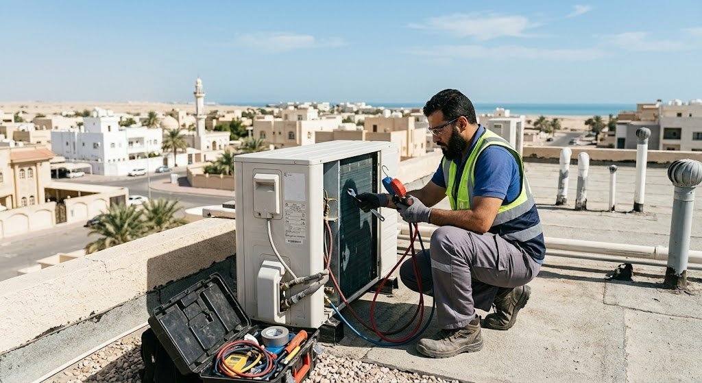 فني تكييف محترف يقوم بصيانة وإصلاح المكيفات بعناية ضمن خدمات تصليح تكييف الدوحة بالكويت لضمان تبريد مثالي وكفاءة تشغيل عالية.