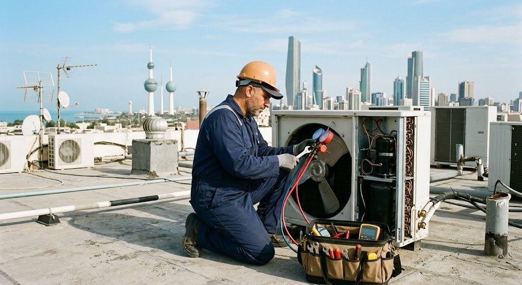 فني تكييف محترف يقوم بصيانة وإصلاح المكيفات بعناية ضمن خدمات تصليح تكييف الرقة بالكويت لضمان تبريد مثالي وكفاءة تشغيل عالية.