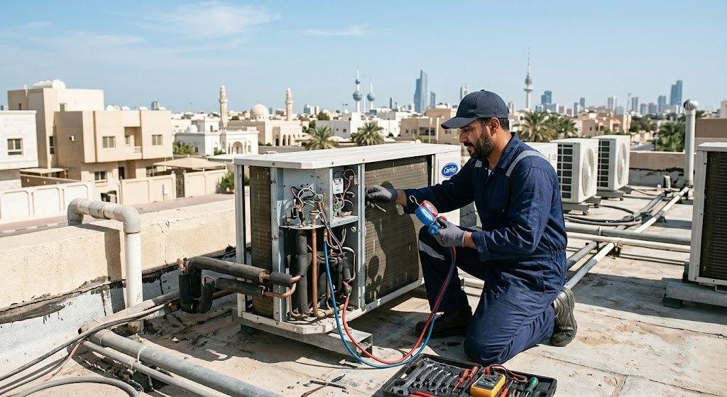 فني تكييف محترف يقوم بصيانة وإصلاح المكيفات بعناية ضمن خدمات تصليح تكييف الدسمة بالكويت لضمان تبريد مثالي وكفاءة تشغيل عالية.