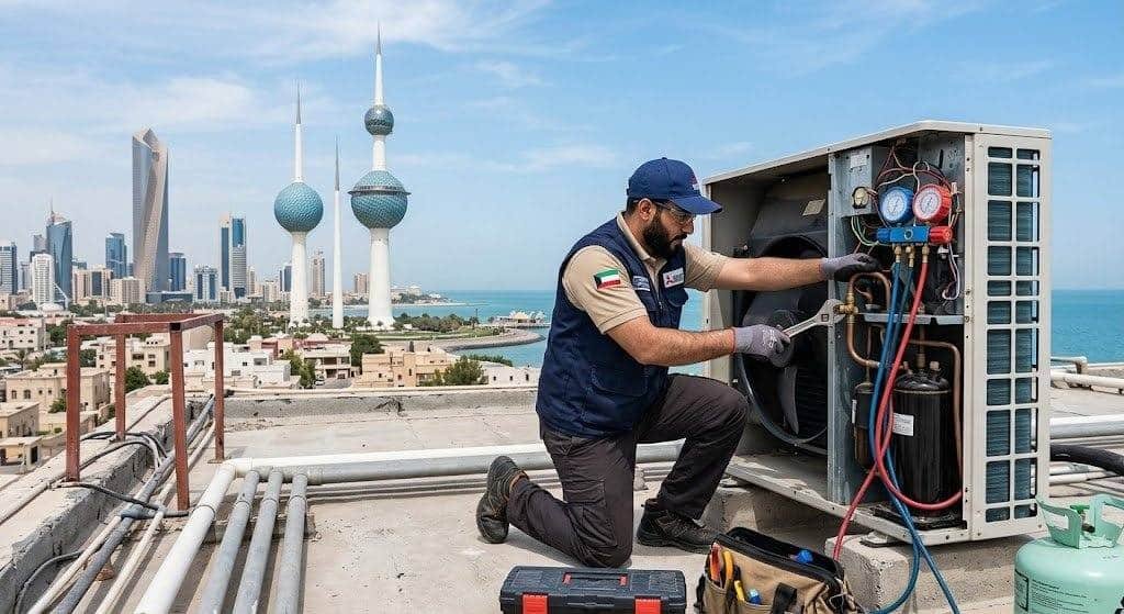 فني تكييف محترف يقوم بصيانة وإصلاح المكيفات بعناية ضمن خدمات تصليح تكييف القرين بالكويت لضمان تبريد مثالي وكفاءة تشغيل عالية.