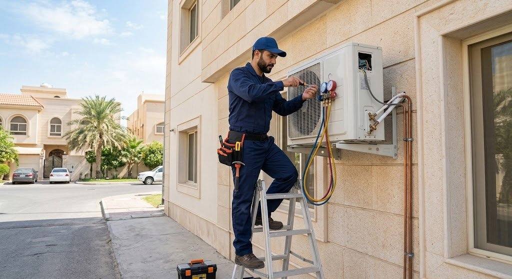 فني تكييف محترف يقوم بصيانة وإصلاح المكيفات بعناية ضمن خدمات فني تكييف المهبولة بالكويت لضمان تبريد مثالي وكفاءة تشغيل عالية.
