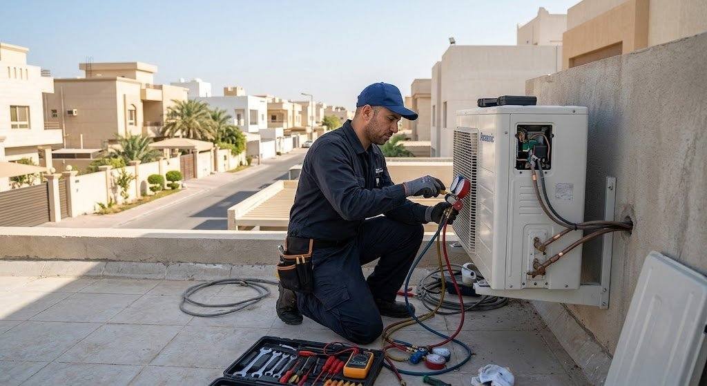 فني تكييف محترف يقوم بصيانة وإصلاح المكيفات بعناية ضمن خدمات تصليح تكييف الصديق بالكويت لضمان تبريد مثالي وكفاءة تشغيل عالية.