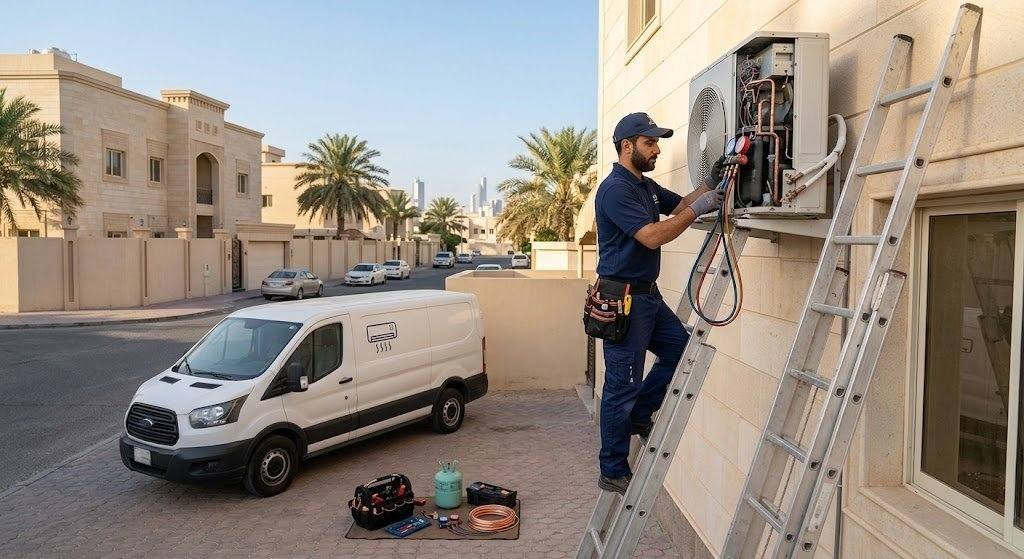 فني تكييف محترف يقوم بصيانة وإصلاح المكيفات بعناية ضمن خدمات تصليح تكييف الرابية بالكويت لضمان تبريد مثالي وكفاءة تشغيل عالية.