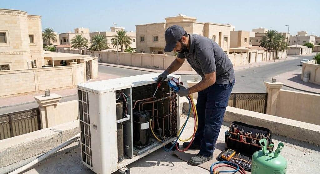 فني تكييف محترف يقوم بصيانة وإصلاح المكيفات بعناية ضمن خدمات تصليح تكييف القادسية بالكويت لضمان تبريد مثالي وكفاءة تشغيل عالية.