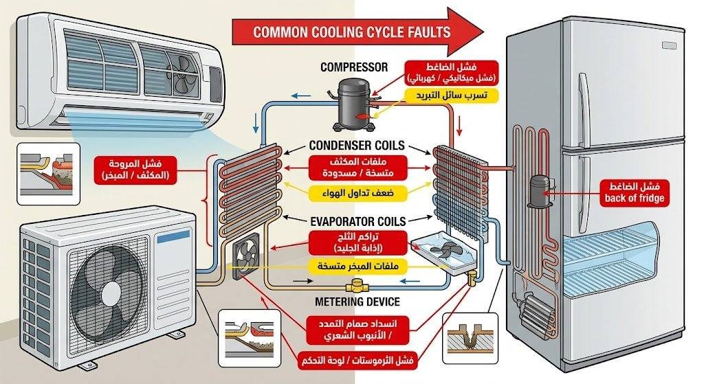 أعطال التبريد المشتركة بين المكيف والثلاجة